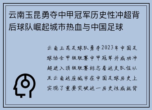 云南玉昆勇夺中甲冠军历史性冲超背后球队崛起城市热血与中国足球