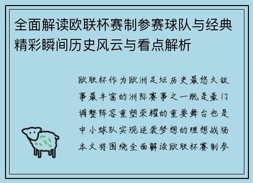全面解读欧联杯赛制参赛球队与经典精彩瞬间历史风云与看点解析